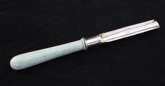 A George III silver and green stained ivory handled apple corer by Peter & Ann Bateman, 6.25in.